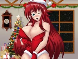 bleedor blue_eyes blush christmas christmas_outfit christmas_tree clock commission happy high_school_dxd open_mouth presents red_hair rias_gremory stripping tagme wink