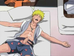 1boy abs bed blonde_hair boxer_briefs boxers closed_eyes cum cum_on_self cumshot ejaculation erect_while_sleeping erection exposed_chest extended_arms lowres lying_on_back mouth_open naruto naruto_(series) naruto_shippuden necklace open_mouth open_shirt pecs penis renachos screenshot_edit sleeping sleeveless_shirt solo solo_focus solo_male spread_legs spreading uzumaki_naruto whisker_markings whiskers