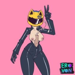 animal_genitalia autopaizuri bodysuit breasts breasts_out bulge bulge_through_clothing cat_ears celty_sturluson cum cum_on_body cum_on_headwear cumshot dullahan durarara!! equine_penis erovon futanari hands-free helmet horsecock horsecock_futanari latex motorcycle_helmet open_clothes peace_sign