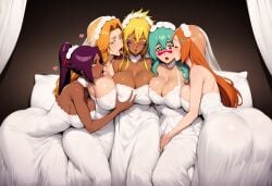 5girls ai_generated big_ass big_breasts big_butt bleach bleach:_the_thousand-year_blood_war blush blushing_female blushing_profusely breasts_to_breasts breasts_touching breath bubble_ass bubble_butt cleavage dark-skinned_female deep_cleavage dripping female female_only fffff_fivesome fivesome group_marriage harem huge_ass huge_breasts inoue_orihime kissing large_breasts lesbian_harem married massive_breasts matsumoto_rangiku narrow_waist nelliel_tu_odelschwanck on_bed open_mouth polygamy saliva saliva_drip saliva_trail self_upload shihouin_yoruichi sweat sweatdrop sweaty_ass sweaty_body sweaty_breasts thick_nipples thick_thighs tia_harribel tongue tongue_kiss tongues_touching wedding_dress wide_hips yeetyboi5000 yuri