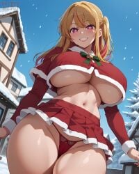 1girls ai_generated bare_thighs blonde_hair breasts christmas christmas_lingerie christmas_outfit crop_top eroero_waifus gigantic_breasts hoshino_ruby huge_breasts huge_thighs light-skinned_female light_skin long_hair looking_down low-angle_view massive_breasts oshi_no_ko outdoors panties pink_eyes pussy_visible_through_panties shounen_jump+ side_ponytail skirt smiling snow solo solo_female squatting star-shaped_pupils sweat sweatdrop thick_body thick_female thick_thighs thighs underboob upskirt voluptuous voluptuous_female