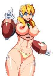 1girls alia blonde_hair blue_eyes blush g-string hand_up kotatuman_dash long_hair mega_man mega_man_x nude robot_girl white_background white_gloves