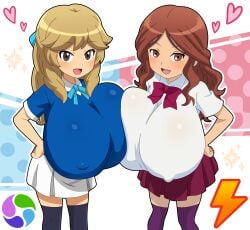 2girls big_breasts blonde_hair blue_legwear blush bow brown_eyes brown_hair clara_rico clothed crossover female female_only hand_on_hip heart hoshizake_kirara inazuma_eleven legwear long_hair nelly_raimon nipple_bulge purple_legwear raimon_natsumi school_uniform schoolgirl snowpowder198 sparkles stockings symmetrical_docking thighhighs yo-kai_watch