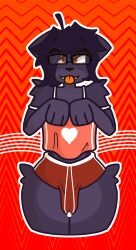 :3 black_body black_hair bulge canine christine58 clothed cum dog_ears femboy furry glasses orange_eyes short_hair shorts smokey_fiero submissive submissive_male thick_thighs