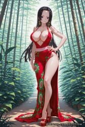 1girls 2025 ai_generated areola_slip bamboo bare_shoulders black_hair blue_eyes boa_hancock breasts cleavage closed_mouth clothing collarbone dress earrings eroflow female female_only forehead forest full_body hand_on_hip hand_on_own_hip hi_res high_heels highres huge_breasts jewelry large_breasts legs long_hair looking_at_viewer nature nipple_slip nipples no_bra no_panties one_piece one_piece:_egghead_arc outdoors patreon plant red_dress red_footwear side_slit sleeveless sleeveless_dress solo standing thighs toes voluptuous voluptuous_female