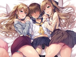 1boy 2girls choker crossdressing erection_under_clothes erection_under_skirt femdom lock long_hair malesub panties precum_through_clothing sena_chifuyu skirt tagme trap wet