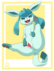 1girls 3:4 4_toes anus ass belly big_ass big_ears blue_body blue_eyes blue_fur blue_sclera clitoris eeveelution eye_contact fangs feet female female_only feral flat_chested fur furry furry_only glaceon half-closed_eyes heart heart-shaped_pupils hi_res leg_markings legs_up long_ears looking_at_viewer markings nintendo no_nipples nude open_mouth pawpads paws pokémon_(species) pokemon presenting presenting_pussy pussy rapel sharp_teeth sitting smile socks_(marking) solo spread_legs spread_pussy spreading tail teeth text thick_thighs toes uncensored video_games watermark white_border wide_hips yellow_background