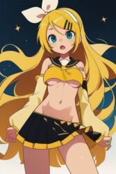 adapted_costume ai ai_generated blonde_hair groin kagamine_rin kagamine_rin_(future_style) long_hair midriff miniskirt navel skirt underboob vocaloid