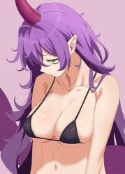 belly eye_bags pointy_ears purple_hair sole_female swimsuit tenkajin_chiyari tired