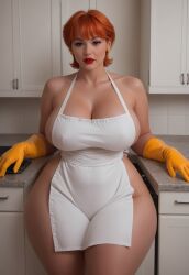 1girls ai_generated apron ass big_ass bottom_heavy breasts dexter's_laboratory dexter's_mom earrings kitchen large_ass large_breasts light-skinned_female makeup nude nude_female realistic red_hair rubber_gloves short_hair thick_ass thick_legs wide_hips