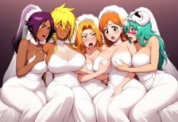 5girls ai_generated big_ass big_breasts big_butt bleach bleach:_the_thousand-year_blood_war blush blushing_female blushing_profusely breasts_to_breasts breasts_touching breath bubble_ass bubble_butt cleavage dark-skinned_female deep_cleavage dripping female female_only fffff_fivesome fivesome group_marriage huge_ass huge_breasts inoue_orihime kissing large_breasts married massive_breasts matsumoto_rangiku more_than_one_spouse multiple_girl_marriage multiple_partners narrow_waist nelliel_tu_odelschwanck on_bed one_piece open_mouth polyamory saliva saliva_drip saliva_trail self_upload shihouin_yoruichi sweatdrop sweating sweaty sweaty_body sweaty_breasts sweaty_butt thick_nipples thick_thighs tia_harribel tongue tongue_kiss tongues_touching wedding_dress wide_hips yeetyboi5000 yuri