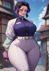 ai_generated anime anime_style busty civitai demon_slayer deviantart hands_behind_back hourglass_figure huge_breasts kimetsu_no_yaiba kimono kochou_shinobu looking_at_viewer macro_female macrophilia massive_thighs mature_female mini_giantess nsfw outdoors outside purple_eyes purple_hair shinobu short_hair smiling smirk tall_female taller_female taller_girl thick_thighs thin_waist thunder_thighs thunderthighs village