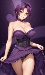 1girls ahoge ai_generated ass azuma_marina bare_shoulders big_ass big_breasts breasts burlesque cleavage corset female huge_ass huge_breasts isogil kashidashi_tsuma_marina_no_"netorase"_houkoku_binkan_tsuma_to_zetsurin_daigakusei looking_at_viewer looking_back_at_viewer nipples panties purple_dress purple_hair sexy_pose shiny_skin short_hair thick_thighs thighs