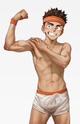 1boy abs beitemian bulge erection_under_clothes grin male male_only muscular short_hair solo solo_male standing underwear white_background