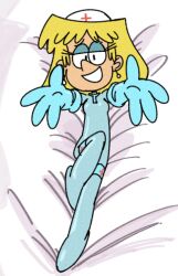 blonde_hair dakimakura fullhero latex_bodysuit latex_gloves lori_loud lying_on_back lying_on_bed nurse nurse_cap reaching_towards_viewer the_loud_house