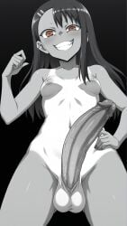 1futa ai_generated big_penis black_hair brown_eyes futanari gigantic_penis hayase_nagatoro looking_at_viewer monochrome please_don't_bully_me,_nagatoro small_breasts