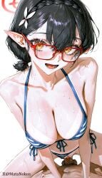 1boy ayane_(blue_archive) bare_shoulders bikini bikini_bottom_aside black_hair blue_archive blue_bikini blush braid breasts cleavage clothing_aside collarbone cowgirl_position female flower front-tie_bikini_top front-tie_top glasses hair_between_eyes hair_flower hair_ornament halo halterneck large_breasts looking_at_viewer male_pubic_hair matanokos navel official_alternate_costume open_mouth penis pointy_ears pov pov_crotch pubic_hair pussy red-framed_eyewear red_halo sex short_hair short_ponytail side-tie_bikini_bottom simple_background smile solo_focus spread_legs straddling straight string_bikini striped_bikini striped_clothes sweat swimsuit tanlines uncensored vaginal_penetration wet white_background yellow_eyes