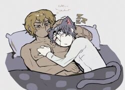 2boys after_sex blonde_hair blush cat_ears catboy closed_eyes daan_(fear_and_hunger) djsmellyballs eye_patch fear_and_hunger fear_and_hunger:_termina gay hand_on_another's_head in_bed kemonomimi male male_only on_back on_bed pale-skinned_male pale_skin pavel_yudin purple_hair sleeping thought_bubble topless yaoi