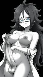 1futa ai_generated android_21 big_breasts big_penis blue_eyes dragon_ball futanari looking_at_viewer monochrome