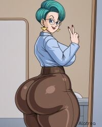 ai_generated big_ass blue_eyes blue_hair bottom_heavy bulma_briefs bulma_briefs curvaceous curvy curvy_figure dat_ass dragon_ball dragon_ball_z glasses gluteal_fold huge_ass mature_female milf peace_sign phat_ass thick_ass thick_thighs tight_clothing voluptuous wide_hips