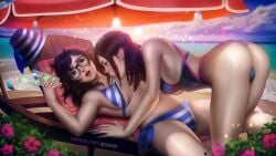 2girls artist_name ass ayyasap beach beach_chair beach_umbrella bikini bikini_top_removed blue_sky brown_eyes brown_hair clouds cushion d.va drink facial_mark flowers girl_on_top glasses highres large_breasts long_hair mei_(overwatch) multiple_girls nail_polish navel ocean open_mouth overwatch overwatch_2 parasol patreon_username second_intentions sitting sky sun_hat sunlight swimsuit yuri