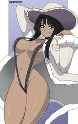 1girls arms_up artist_name bangs big_breasts bigdeadalive black_hair blue_background blue_eyes breasts clothing coat cowboy_hat curvy eyebrows_visible_through_hair eyelashes female female_focus female_only hat highres hips human large_breasts long_hair long_sleeves miss_all_sunday navel nico_robin one-piece_swimsuit one_piece patreon pre-timeskip revealing_clothes shiny_skin simple_background skimpy sling_bikini smile smirk solo solo_female swimsuit thick_thighs thighs thin_waist voluptuous watermark white_background wide_hips