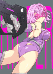 1girls aiming_at_viewer ass breasts character_name cleavage english_text female female_focus female_only girls'_frontline gun highres looking_back purple-tinted_eyewear purple-tinted_glasses purple_eyes purple_hair ripper_(girls'_frontline) sangue_llia sangvis_ferri solo submachine_gun sunglasses tagme tinted_eyewear visor weapon