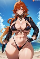 ai_generated big_ass big_breasts big_thighs bikini bubble_butt genshin_impact mavuika_(genshin_impact) orange_eyes rayasox red_hair thick_thighs thong