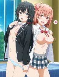 2girls ai_generated black_hair blue_eyes breast_size_difference my_teen_romantic_comedy_snafu no_skirt not_loli_ai orange_hair panties pants_down yuigahama_yui yukinoshita_yukino