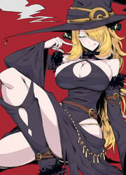 1girls 2020 :p adapted_costume alternate_breast_size alternate_costume alternate_outfit armpits ass bare_shoulders belt big_ass big_breasts black_dress blonde_hair blush boots breasts bursting_breasts cleavage cleavage_cutout clothed cynthia_(pokemon) detached_sleeves dress eye_contact eyebrows_visible_through_hair female female_only female_solo gloves grey_eyes hair_ornament hair_over_one_eye half-closed_eyes hat highres hip_vent huge_breasts human human_only large_breasts licking_lips long_hair long_sleeves looking_at_viewer mature_female nintendo no_nipples no_nipples_visible no_penetration no_penis no_sex pointing pokemon pokemon_dppt pose red_background revealing_clothes sexually_suggestive sideboob simple_background sitting sleeveless sleeveless_dress smile solo solo_female source_request suzusiigasuki thick_thighs thighs tongue tongue_out wide_hips wide_sleeves witch witch_hat