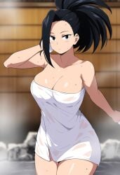 1girls ai_generated big_breasts black_hair boku_no_hero_academia breasts cleavage female heavy_breasts huge_breasts keinovelnovelai large_breasts light-skinned_female light_skin long_hair momo_yaoyorozu my_hero_academia solo towel towel_only