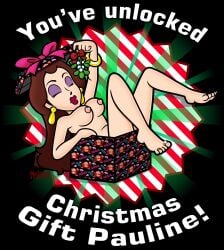 1girls black_background bow breasts brown_hair christmas christmas_present closed_eyes donkey_kong_(series) ear_piercing english_text eyeshadow feet female female_only human jewelry light-skinned_female light_skin lipstick long_hair mario_(series) mature mature_female mature_woman mistletoe nintendo nipples nude nude_female pauline presents purple_eyeshadow red_lipstick rings solo solo_female solo_focus the_moss-man voluptuous voluptuous_female