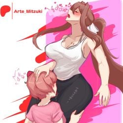 2girls artemitzuki_(artist) artist_name big_ass big_breasts blush blush breasts brown_hair doki_doki_literature_club fat_ass grabbing_head head_between_thighs lesbian_focus licking_pussy light-skinned_female light_skin long_hair moaning mole_on_breast monika_(doki_doki_literature_club) open_mouth pawg pink_hair pleasure_face ponytail round_ass saliva saliva_trail sayori_(doki_doki_literature_club) short_hair size_difference smelling_pussy thick_thighs tight_clothing yuri