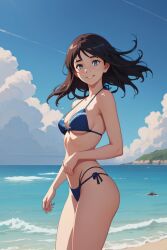 1girls beach bikini black_hair blue_eyes female_focus female_only freckles_on_face nude_female skotos_ai small_breasts