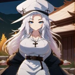 ai_generated belt blox_fruits blue_eyes clothed clothing cross cross_necklace female headgear headwear huge_breasts light-skinned_female light_skin long_hair looking_at_viewer night outdoors rip_indra-chan solo solo_female white_hair