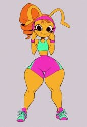 ai_generated antennae badaiartist fat_ass flat_chest happy headband huge_ass orange_hair smile smiling sports_bra sports_shorts sportswear standing thick_thighs ula_(joel_g) wide_hips yellow_skin yoga_shorts