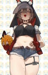 2024 animal_ears arknights belly belly_button bikini blush bratty brown_hair bunny_ears bunny_girl caper_(arknights) caper_(summer_flowers)_(arknights) emoji emote hi_res kemonomimi light-skinned_female light_skin looking_at_viewer meme oerba_yun_fang open_mouth prouxtato red_eyes short_hair smile smiling smug smug_face thigh_strap