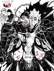 4boys aikawa anal artist_request bara black_and_white blood censor_bar censored choking cum cum_in_ass cum_inside curse_(dorohedoro) dorohedoro gore holding kai_(dorohedoro) laugh male male_only monochrome multi_eye rape ripped_clothing risu spikes stand_and_carry_position standing standing_sex tagme voyeur yaoi