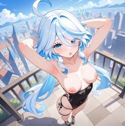 1girls ai_generated arms_behind_head blue_eyes blue_hair breasts female furina_(genshin_impact) long_hair nipples solo surprised_expression topless two_tone_hair white_hair