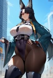 ai_generated big_ass big_thighs black_hair bubble_butt fox_ears fox_girl hoshimi_miyabi rayasox red_eyes thick_thighs thighhighs zenless_zone_zero