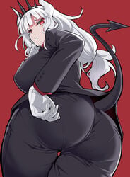 1girls ass big_ass big_breasts cle_masahiro demon demon_tail eye_contact female gloves helltaker horns huge_ass huge_breasts huge_thighs large_ass long_hair looking_at_viewer lucifer_(helltaker) pale-skinned_female pale_skin pantylines red_background red_eyes tail thick_ass thick_thighs tight_clothing tight_pants white_gloves white_hair white_horns