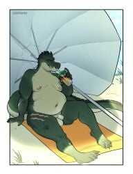 anthro beach beach_towel beach_umbrella belly crocodile crocodilian drinking drinking_straw genitals grass hi_res male moobs navel nipples nude outdoor_nudity outside overweight overweight_anthro overweight_male parasol penis plant reptile scalie scar shaded softsorbet solo tail teeth towel umbrella