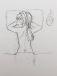 1girls ass_peek back_view bed braid feathers headband huntress_terun in_bed light_skin long_hair looking_at_viewer looking_back nude nyanko_daisensou pencil_(artwork) pillow shoulder_blades sleeping_nude teenager the_battle_cats waking_up zki