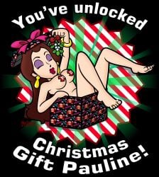 1girls black_background bow breasts brown_hair christmas christmas_present closed_eyes donkey_kong_(series) ear_piercing english_text eyeshadow feet female female_only human jewelry light-skinned_female light_skin lipstick long_hair mario_(series) mature mature_female mature_woman mistletoe nintendo nipples_covered nude nude_female pauline presents purple_eyeshadow red_lipstick rings solo solo_female solo_focus the_moss-man voluptuous voluptuous_female