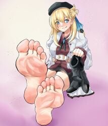 agnes_claudel bare_feet barefoot blonde_female blonde_hair blue_eyes blush dress eiyuu_densetsu feet feet_fetish feet_focus feet_together female female_focus foot_fetish foot_focus groenness hat holding_boots holding_shoes kuro_no_kiseki_(series) legs_crossed looking_back sitting smiling soles solo_female toes