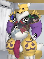 alythewolfcat anthro apartment armwear asian_mythology balls bandai_namco big_balls big_penis clothing digimon digimon_(species) east_asian_mythology elbow_gloves elbow_gloves_only genitals gloves gloves_only handwear handwear_only hi_res huge_balls huge_cock japanese_mythology male mane mostly_nude musclegut muscular muscular_male mythology penis renamon solo tattoo toukichirou_hashiba worried_look yin_yang