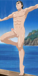 1boy abs balls barefoot black_eyes black_hair cum cum_drip cumdrip dripping_cum erection feet leg_lift leg_up male male_only mature mature_male might_guy naked naruto naruto_(series) naruto_shippuden nipples nude ocean pecs penis pose posing renachos screenshot_edit solo solo_focus solo_male standing testicles