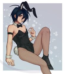 blue_hair bulge bunny_ears bunnysuit danganronpa danganronpa_v3 femboy fishnets male male_only new_danganronpa_v3 saihara_shuuichi sweat