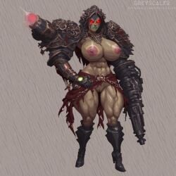 abs ai_assisted ai_generated angry areolae arm_cannon athletic_female black_armor breasts breasts_out female female_only full_body gauntlets gold_trim greaves greyscaler heavy_armor heels high_heels huge_breasts muscular muscular_female navel nipples orc orc_female pixel_art power_armor pussy pussy_out skirt solo solo_female tagme torn_clothes tribal tribal_markings tribal_tattoo vagina vagina_out wide_hips