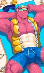 1boy abs bara bara_tiddies bara_tits barely_clothed brawl_stars bulge doug_(brawl_stars) gay hand_on_head laying_down male_only no_visible_genitalia safe safe_for_work solo_male swimsuit swimwear